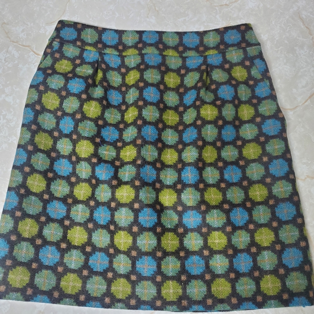 BODEN Brown Blue Green Dot Wool Pencil Skirt Lined Sz 6 Mod Modern Funky